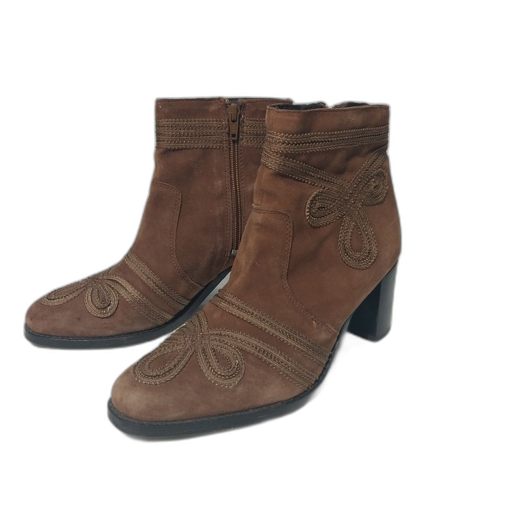 Very Volatile booties Women 8.5 brown genuine suede embroidered ankle boot Retro